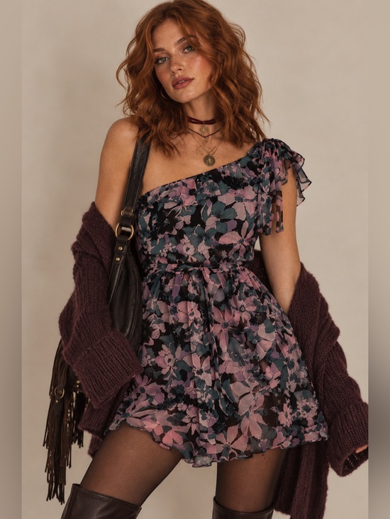 For Love And Lemons Dresses & Skirts - For Love & Lemons One Shoulder Floral Mini Dress XS Pink Green Y2K Whimsigoth